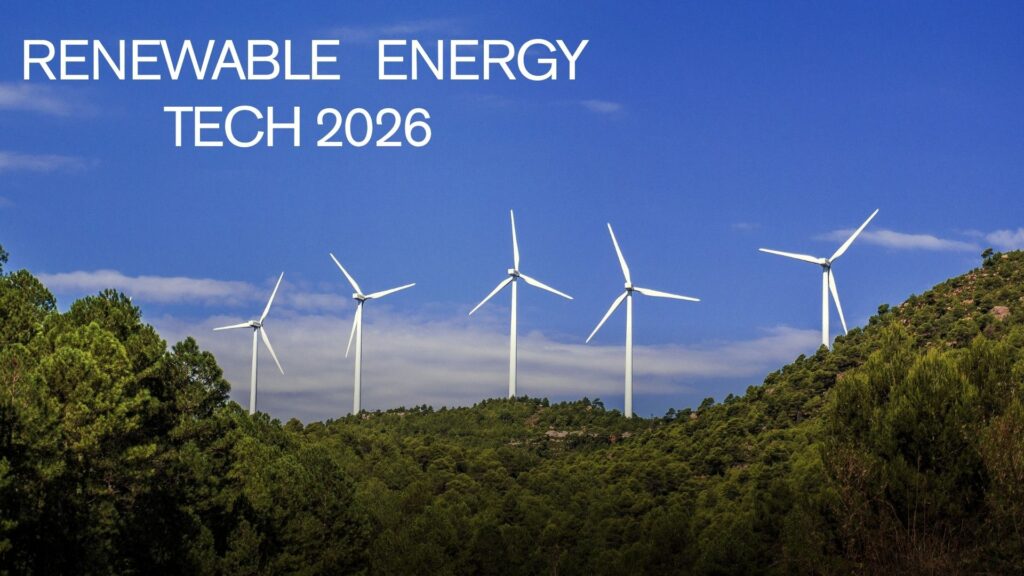 Wind turbines and solar panels symbolizing renewable energy technology in 2026