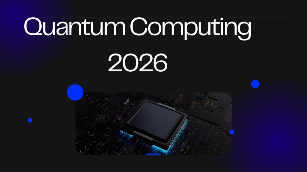 Quantum computing 2026 concept illustration showing futuristic processor and digital data flow