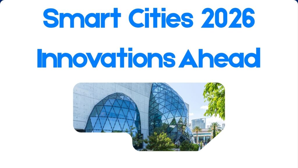 Smart City 2026 with green buildings, modern transport, and smart infrastructure