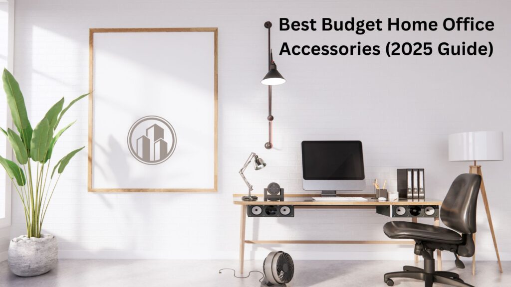 A clean and simple home office setup with budget accessories like a laptop stand, monitor light bar, wireless keyboard, and desk organizers.