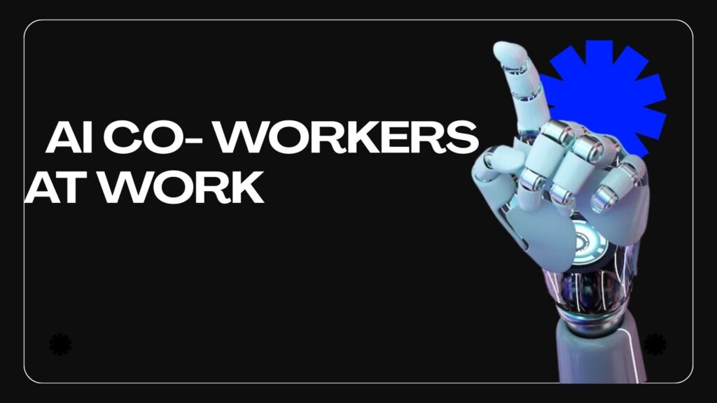 AI co-workers in the workplace helping humans with daily tasks in a modern office environment