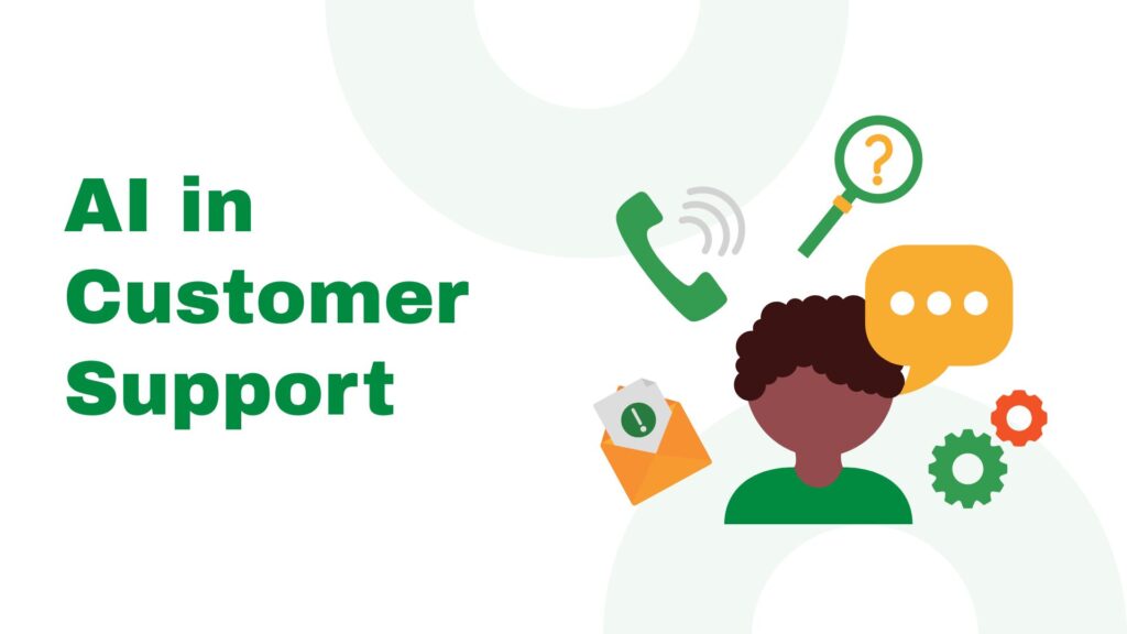 AI in customer support showing a customer using live chat while an AI assistant helps and a human agent provides backup support