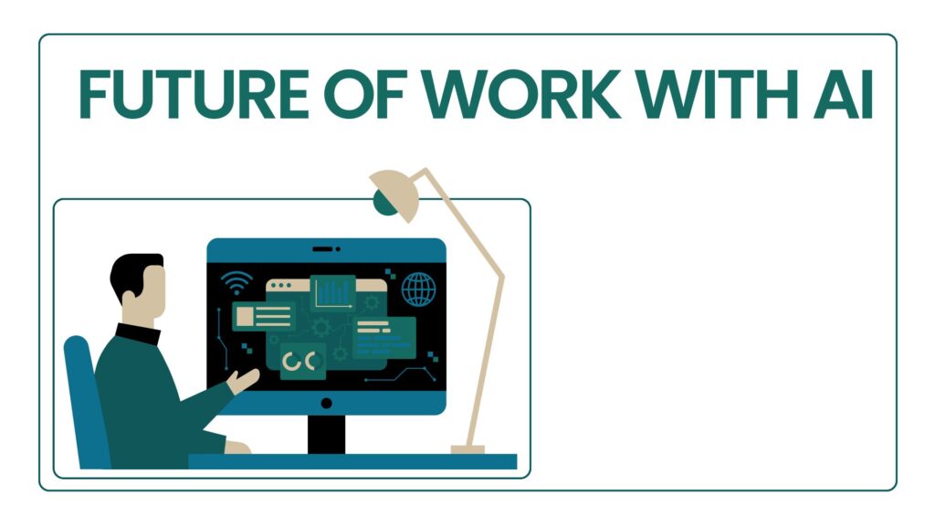 Future of work with autonomous AI showing a human professional collaborating with AI-driven workflows in a modern digital workplace