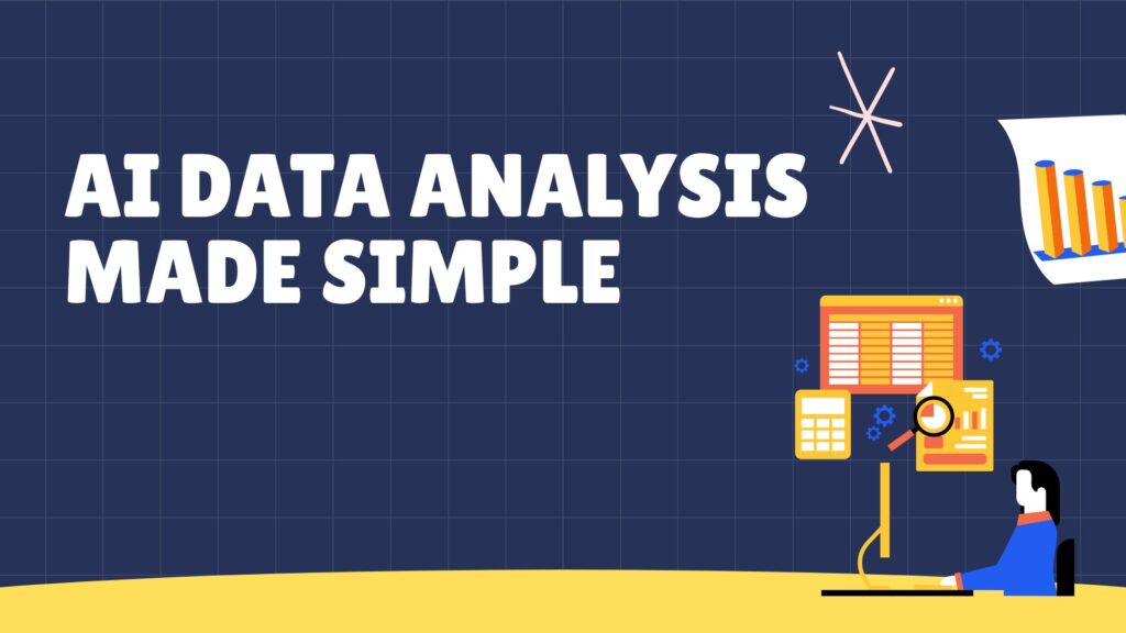 Professional workspace showing AI tools for data analysis on a laptop with charts and business performance dashboard