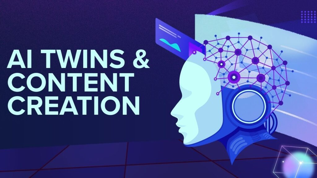 Illustration showing a content creator working with a digital AI twin assistant, representing the rise of AI twins in modern content creation.