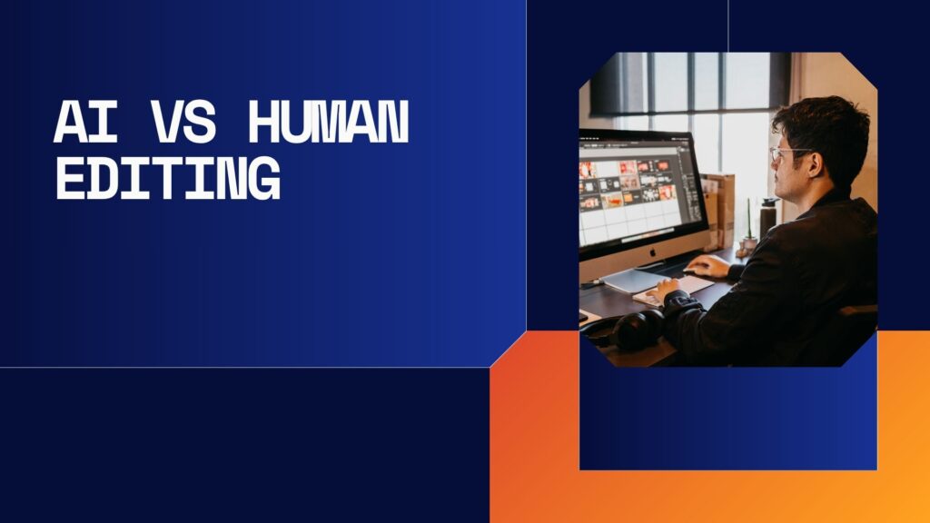 Comparison of AI video generators vs human editing showing automated video creation and professional manual editing workspace